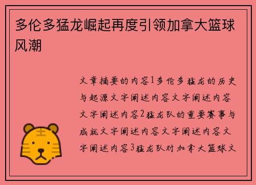多伦多猛龙崛起再度引领加拿大篮球风潮